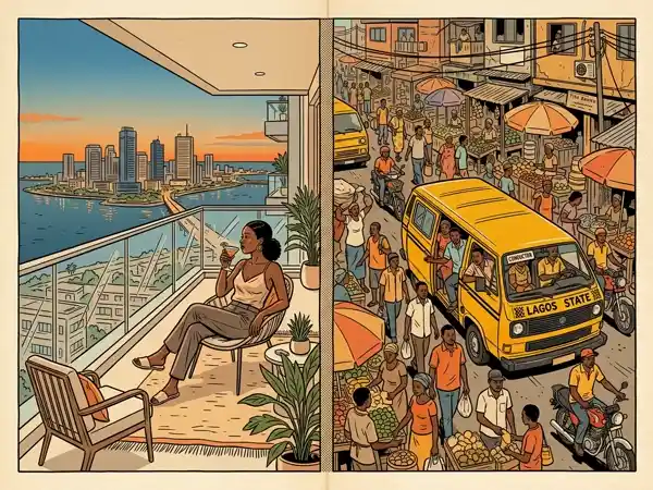 Split illustration comparing Nepo luxury Victoria Island living and Lapo bustling Yaba street hustle in Lagos Life game