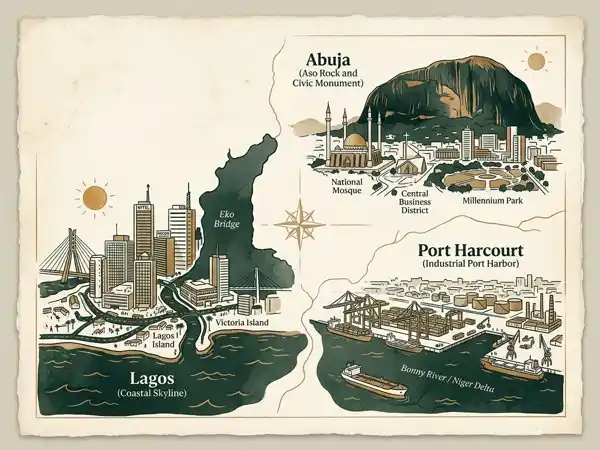 Illustrated map of the three playable cities in Lagos Life: Lagos coastal skyline, Abuja Aso Rock, and Port Harcourt industrial harbor
